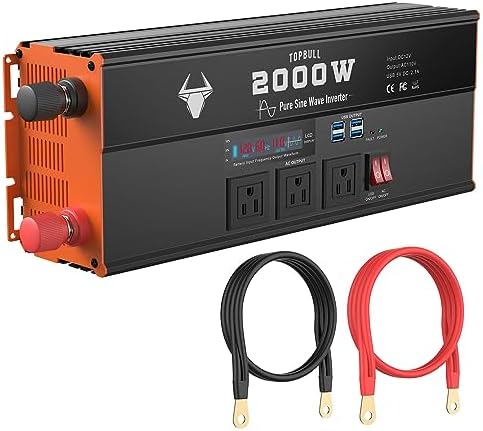 Power Inverter for Vehicle Pure Sine Wave 2000 Watt Converter Car 12V DC to 110V/120V AC with 3 AC Outlets & 4 USB Ports for Home, RV, Outdoor, Solar,Camping, Boat, Power Outage, Emergency Situation